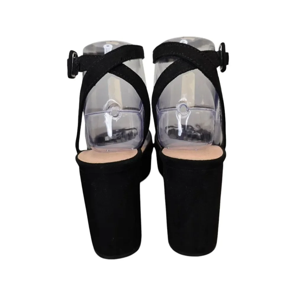Chinese Laundry Women's 6 Theresa Black Suede Open Toe Chunky Platform Heels